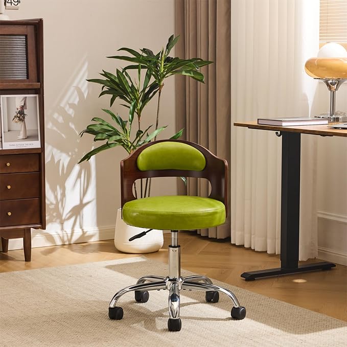 VINGLI Armless Home Office Desk Chair, Adjustable Swivel Chair,Dual-Use with/no Wheels,Small Retro Designed Walnut Curved Task Chair,Cushioned Nail Tech Chair for Study Area,Workspace,PU,Grass Green