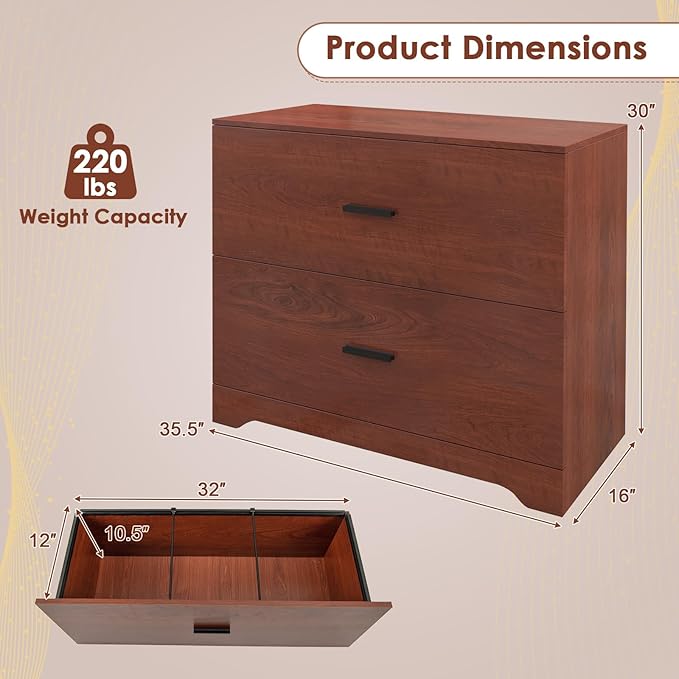 Giantex Office File Cabinet 2 Drawer - Lateral Filing Cabinet w/Anti-Toppling Device, Hanging Bars, Home Office Furniture for Hanging File Folders A4/Letter/Legal Size, File Storage Cabinet (Walnut)