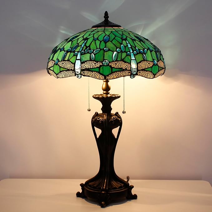 Tiffany Stained Glass Table Lamp 16X16X24 Inch Green Dragonfly Style Desk Bedroom Living Room Antique Reading Light (Green Dragonfly)