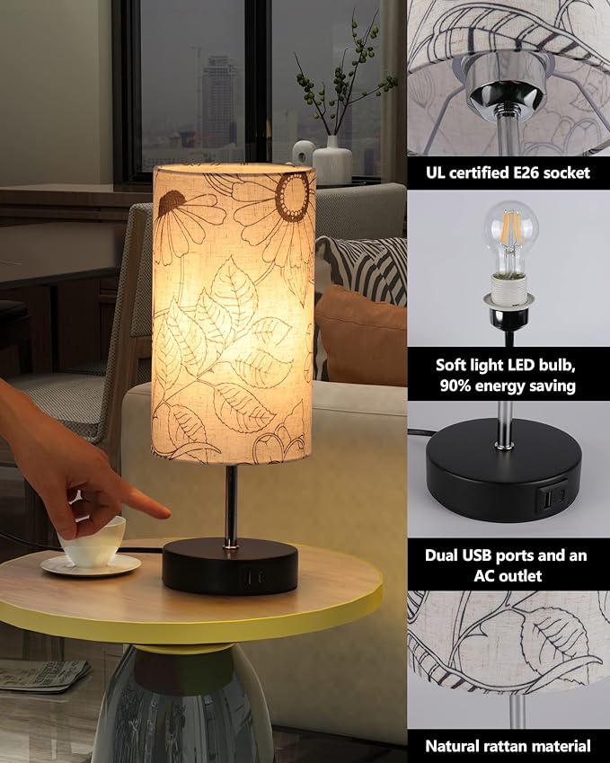 Touch Bedside Table Lamp with Bedroom, 3 Way Dimmable Desk lamp USB C Charging Ports and AC Outlet, Nightstand Lamp with Round Flower Fabric Shade for Living Room, Home Office