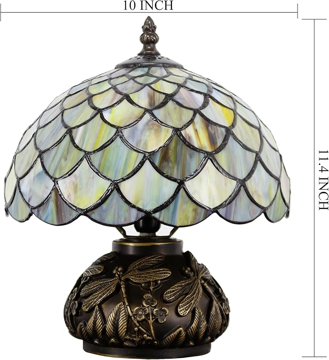 Small Tiffany Table Lamp Yellow Fish Scales Style Stained Glass Desk Lamp 10X11.5 Inch Mushroom Table Light for Office Home Living Room Bedroom