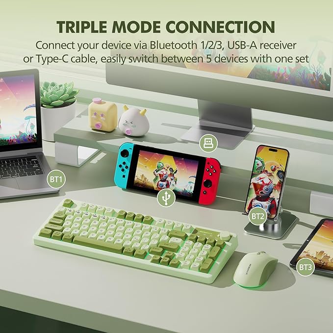 Wireless Keyboard and Mouse Combo Creamy with Number Pad for Desktop Mac iPad Bluetooth/2.4ghz/Wired Rechargeable Light up RGB Quiet Compatible with PC Laptop Tablet (Green)