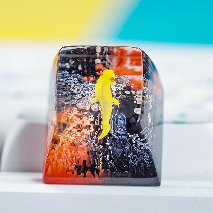 Yellow Axolotl in Red Black Ocean Coral Artisan Keycap R1 SA Profile Custom Animal Keycaps 1U ESC Handmade Gaming Resin Key Cap Cherry MX Switch Compatible Mechanical Keyboard Axolotl Lover Gift
