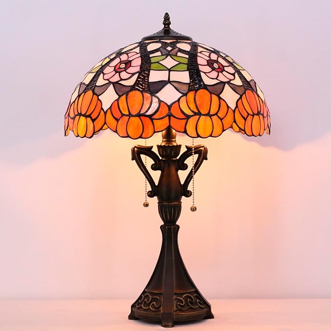 Tiffany Table Lamp 24 Inch High Antique Stained Glass Orange Flower Desk Reading Light Wide 16 Inch for Bedroom Living Room Home Office