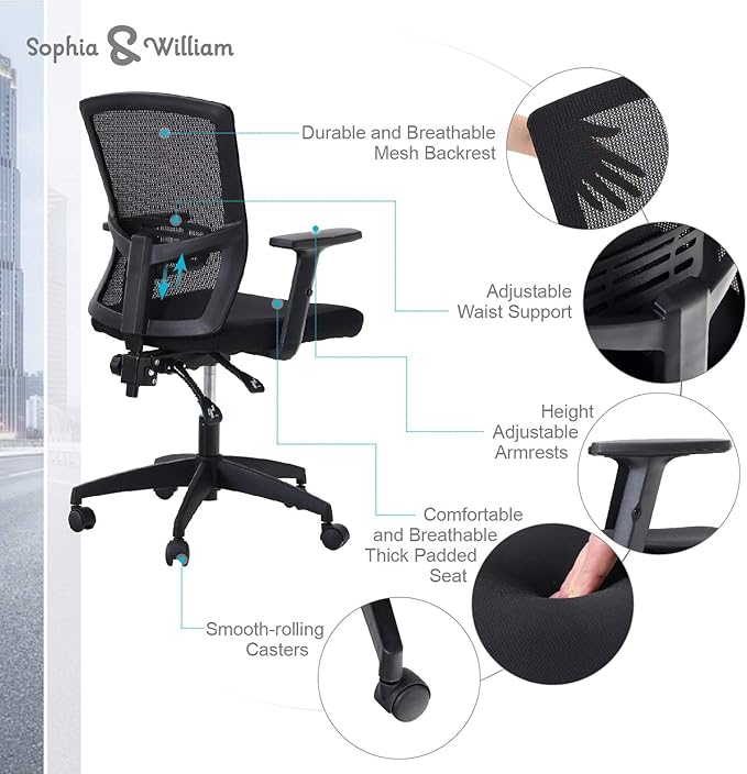 Sophia & William Ergonomic Mesh Office Desk Chair High Back, Modern 360° Swivel Executive Computer Chair with Height Adjustable Armrests, Lumbar Support, Black - 1 Pack, Load Capacity: 300 lbs