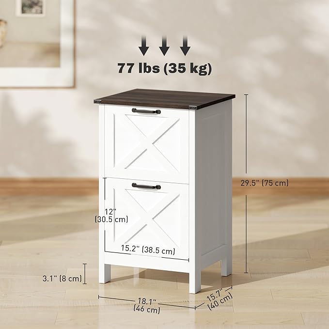 HOMCOM 2 Drawer Vertical File Cabinet with Silent Slides, Rustic Farmhouse Filing Cabinet with Barn Doors for A4/Letter Size, Printer Stand with Storage for Home Office, Distressed White