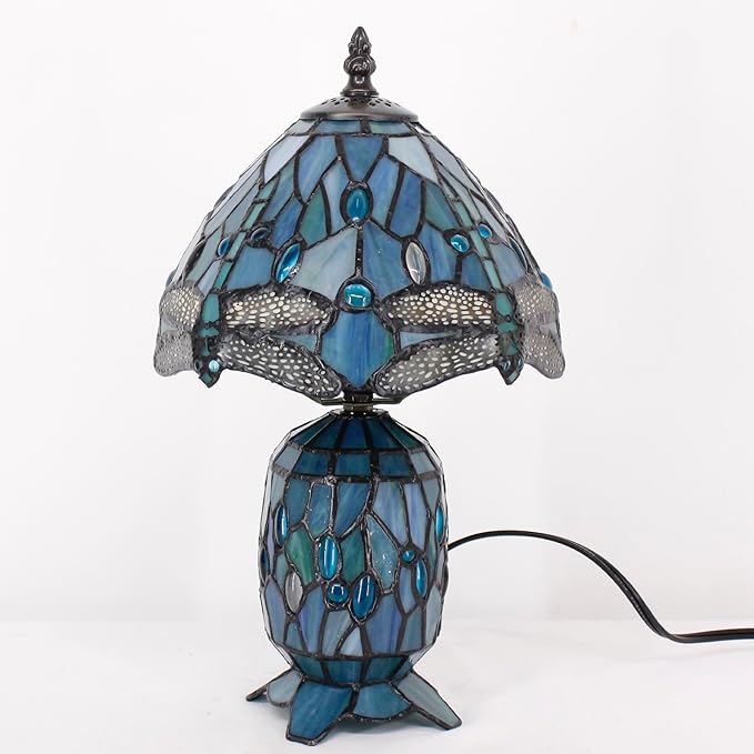 Small Tiffany Lamp Stained Glass Table Lamp Mini Mother Daughter Vase Desk Accent Light for Bedroom Bedside Reading Home Antique Style Decor 8X14 Inches (Sea Blue Dragonfly)