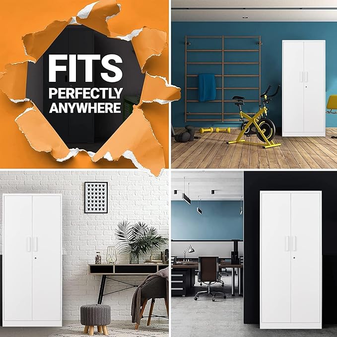 Metal Storage Cabinet-71” Tall Steel File Cabinets with Lockable Doors and Adjustable Shelves-White Steel Storage Cabinet for Home, School, Office, Garage
