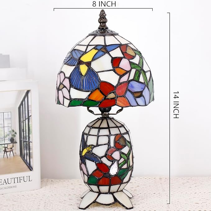 Small Tiffany Lamp Stained Glass Table Lamp Mini Mother Daughter Vase Desk Accent Light for Bedroom Bedside Reading Home Antique Style Decor 8X14 Inches (Hummingbird)
