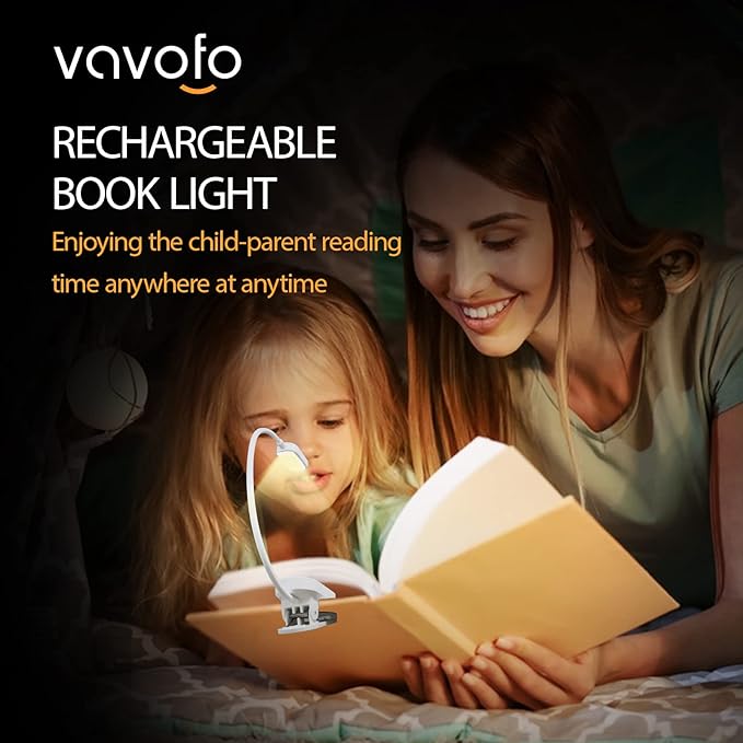 VAVOFO Rechargeable Book Light, 14 LEDs Eye Care Clip On Amber Reading Light for Bookworms Reading in Bed with 9 Colors 9 Brightness (White-Black)