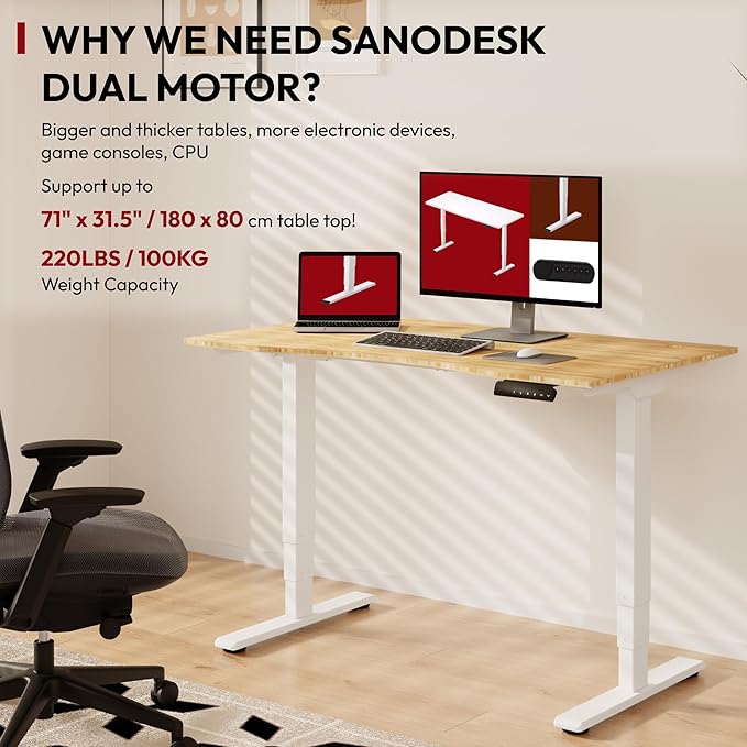 Height Adjustable Standing Desk 3 Stages Dual Motor Stand Up 48” Whole-Piece Bamboo Desktop Computer Desk, Electric Sit-Stand Desk for Home Office(White Frame/ 48” x 24” Curved Natural Bamboo Top)