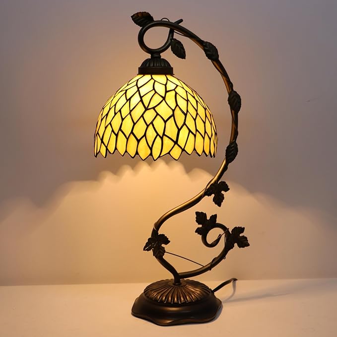 Tiffany Table Lamp, Stained Glass Desk Reading Light,Metal Leaf Table Lamp Base 8X10X21 Inches (Yellow Wisteria)