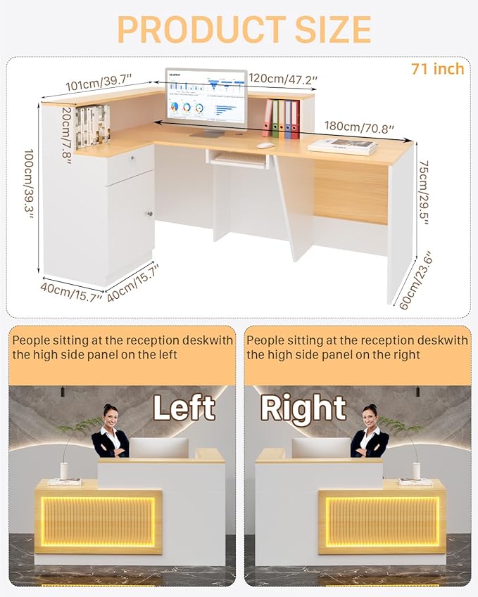 L-Shaped Reception Desk, Solid Wood Reception Desk with Counter, Check Out Stand with Lockable Drawer, Retail Checkout Counter for Office, Store, Beauty Salon (L-Shaped-Light Walnut -L, 71in)