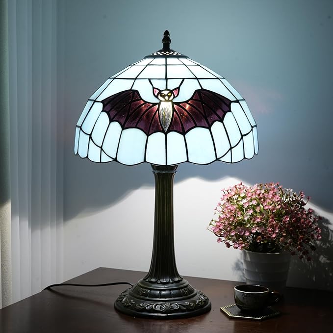 Retro Blue bat Style Stained Glass Table lamp Tiffany Lamps Living Room Office Hotel Bar Kitchen Desk Reading Bedroom Bedside Table Lamp Holiday Gift Halloween Home Decoration 12X19 inches