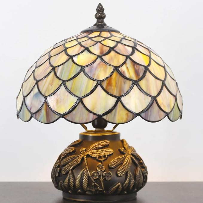 Small Tiffany Table Lamp Yellow Fish Scales Style Stained Glass Desk Lamp 10X11.5 Inch Mushroom Table Light for Office Home Living Room Bedroom