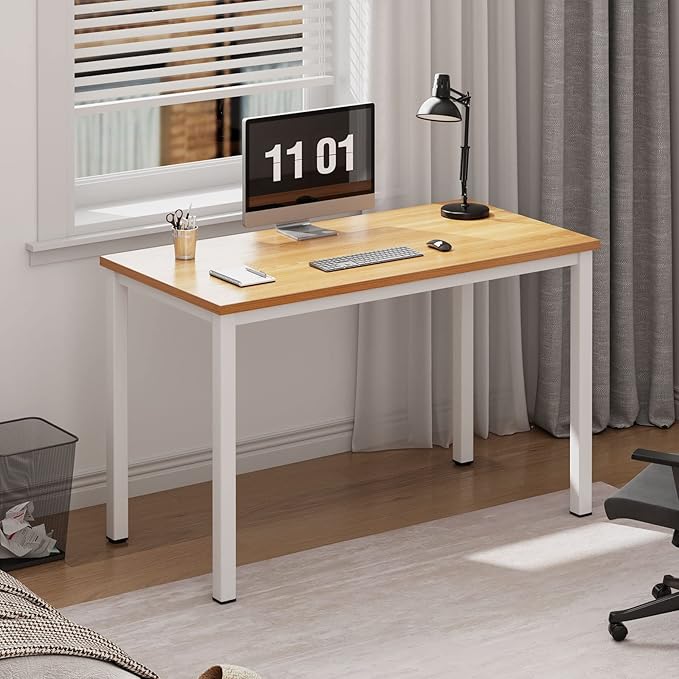 Need Small Desk, 39.4 inches Sturdy Writing Desk for Small Spaces, Small Computer Desk Teens Desk Study Table Laptop Desk Home Ofice Desk, White Metal Frame, Teak