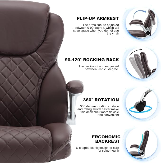 Leather Executive Office Chair, High Back Ergonomic Office Desk Chairs with Wheels, 90-120° Rocking Managerial Chair Home Computer Chairs with Flip-up Armr and Lumbar Support(Dark Brown)