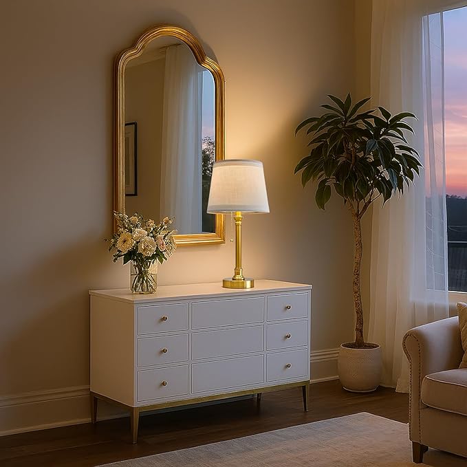 Oneach 19.5” Gold Table Lamps Set of 2, Pull Chain Switch Bedside Table Lamps, Modern Nightstand Lamp with White Linen Shade, Small Brass Lamp for Living Room, Bedroom, Home Office, Nursery