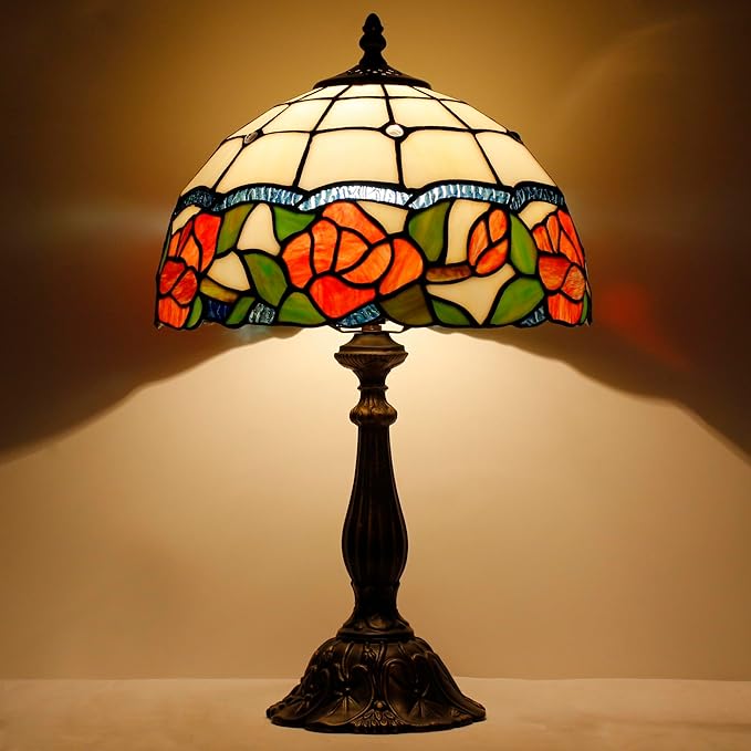 Tiffany Lamp Touch Control Table Lamp Red Rose Flower Style Stained Glass Desk Lamp 12X12X19 Inches Reading Light