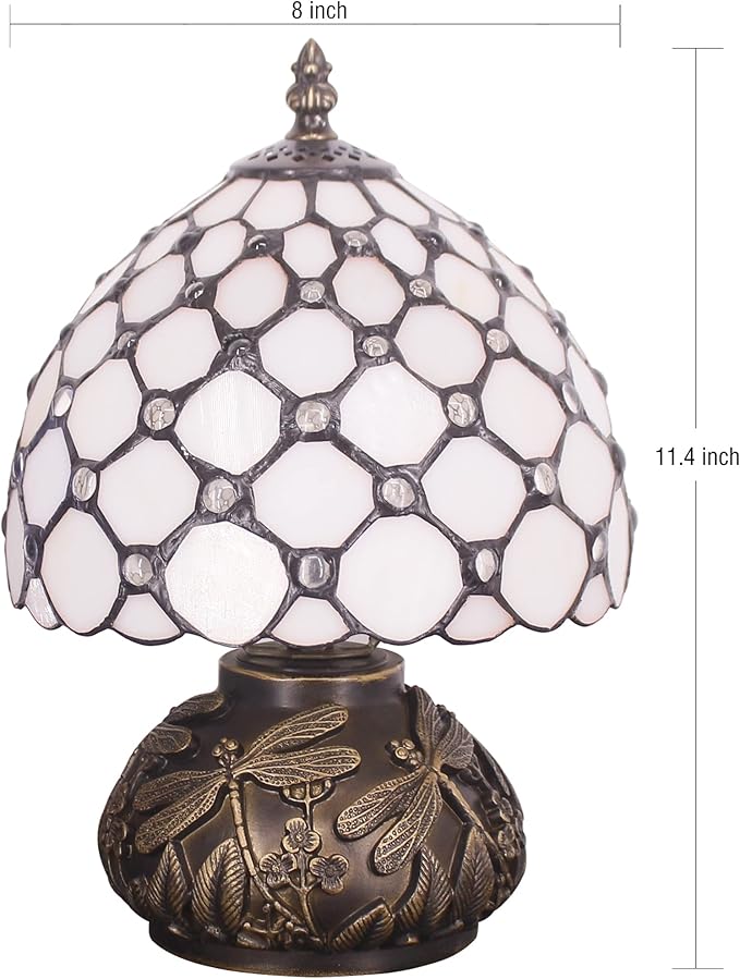 Small Tiffany Lamp Mini Stained Glass Table Lamp Cream Pearl Beads Style Mushroom Desk Light Memory Sympathy Lamp 8X11 Inch