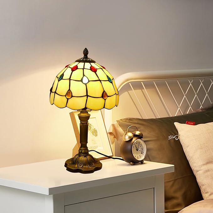 Tiffany Table Lamp - Beige with Colorful Beads, 14" Tall, 8" Wide Reading Lamp with Color Changing LED Bulb