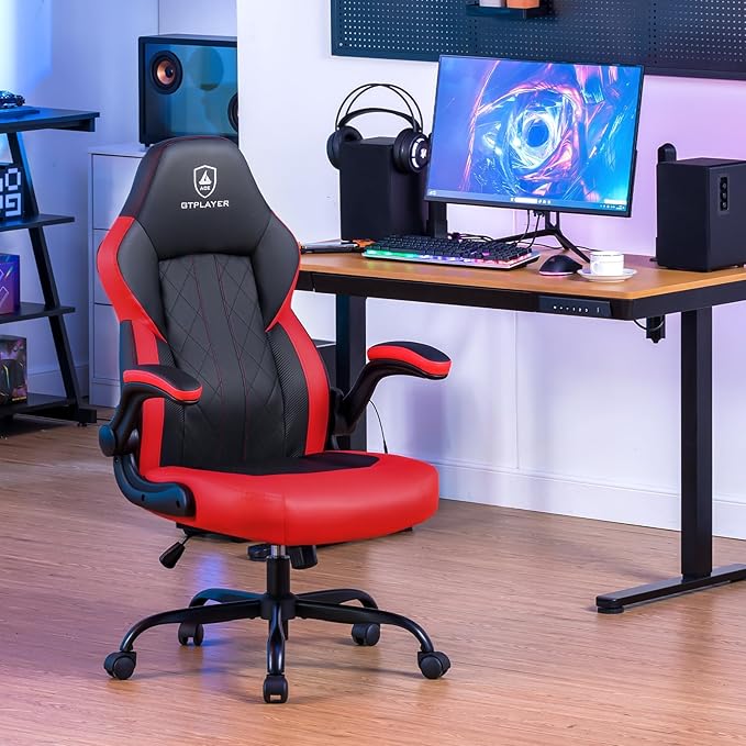 GTPLAYER Video Gaming Chair, Ergonomic Computer Gaming Chair with Flip-Up Armrests and Adjustable Height, Comfortable Desk Chairs with Built-in Lumbar Support, Recliner with 360°Swivel (Oil Red)