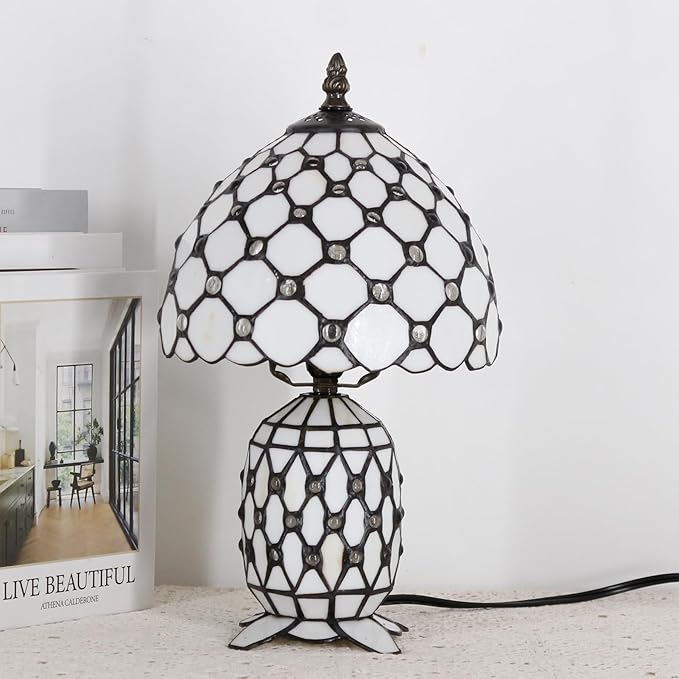 Small Tiffany Lamp Stained Glass Table Lamp Mini Mother Daughter Vase Desk Accent Night Light for Bedroom Bedside Reading Home Antique Style 8X14 Inches (White Yellow)