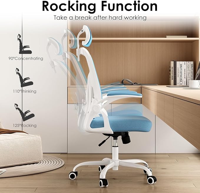 Farini Ergonomic Office Chair, Home Office Desk Chair with Headrest, High Back Computer Chair with Armrests and Adjustable Lumbar Support for Home Office Study Room, White & Blue