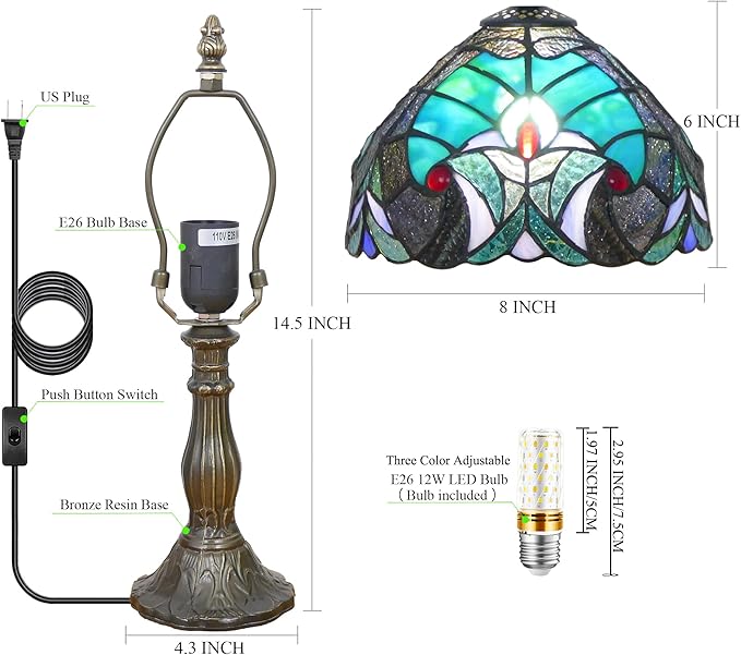 Small Tiffany Lamp Mini Stained Glass Table Lamp Bedside Accent Lamp Memory Sympathy 8X14.5 Inch (Green Liaison Style)
