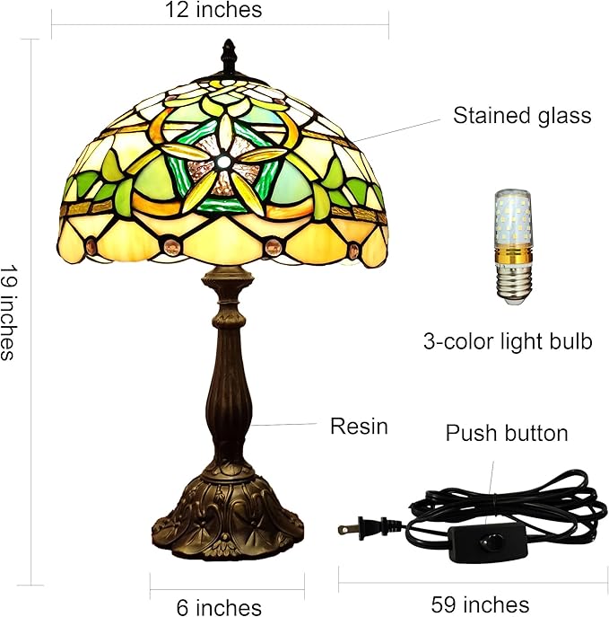 Tiffany Table Lamp Yellow Stained Glass Reading Light 3-Way Small Decorate Lamp for Home Living Room Nightstand Bedroom Office Include Bulb