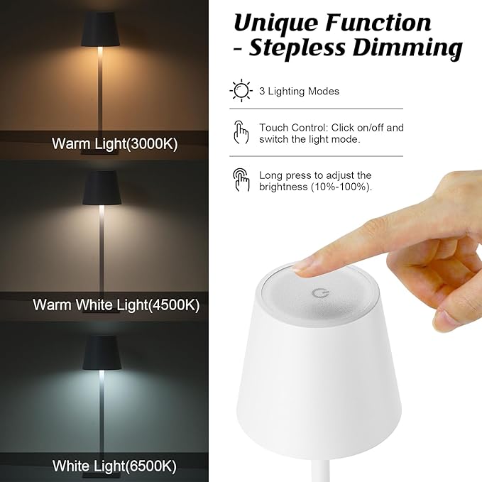 HASUN 2Pack Cordless Table Lamp, LED Rechargeable Desk Lamp, 5200mAh Battery Table Light, Aluminum Shell, 3 Color Stepless Dimming for Outdoor/Patio/Camping White