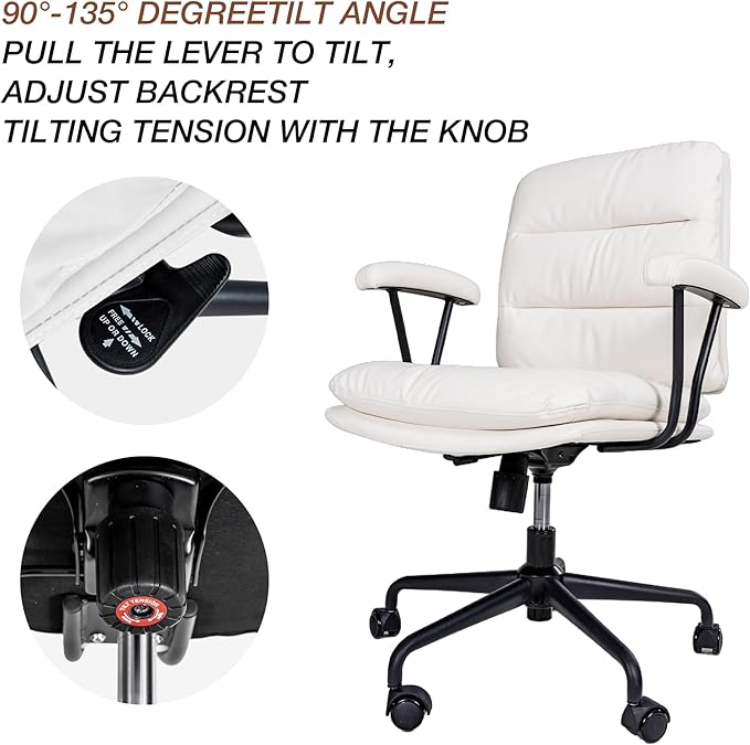 White Leather Desk Chair with Arms,Modern Office Chair with Lumbar Support,Removable Armrests, Height-Adjustable Swivel Medium Computer Chair for Home, Office, Dresser, Bedroom