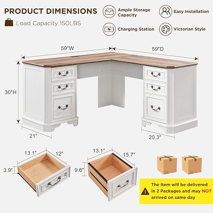 T4TREAM 59" Executive L Shaped Desk with Drawers,Farmhouse Wood Computer Coner Desk, Featuring Charging Station,File Drawer, Storage Cabinet,for Home Office Work and Study (Antique White)