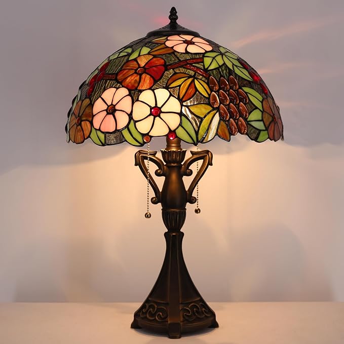 Tiffany Table Lamp 24 Inch High Antique Stained Glass Green Purple Grape Desk Reading Light Wide 16 Inch for Bedroom Living Room Home Office