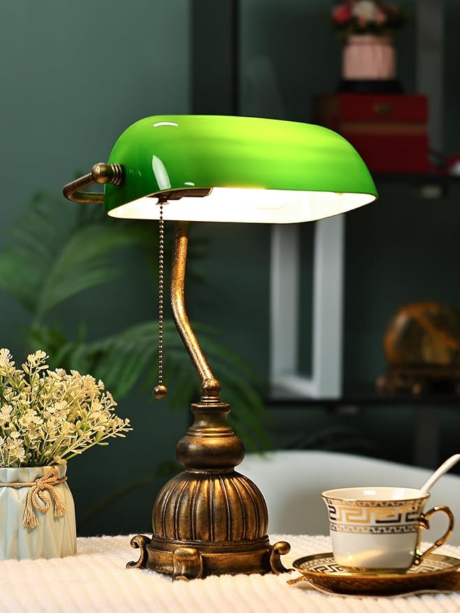 Newrays Retro Green Glass Bankers Desk Lamp for Home Office,Library with Pull Chain Switch Plug in Fixture, LED Bulb Included