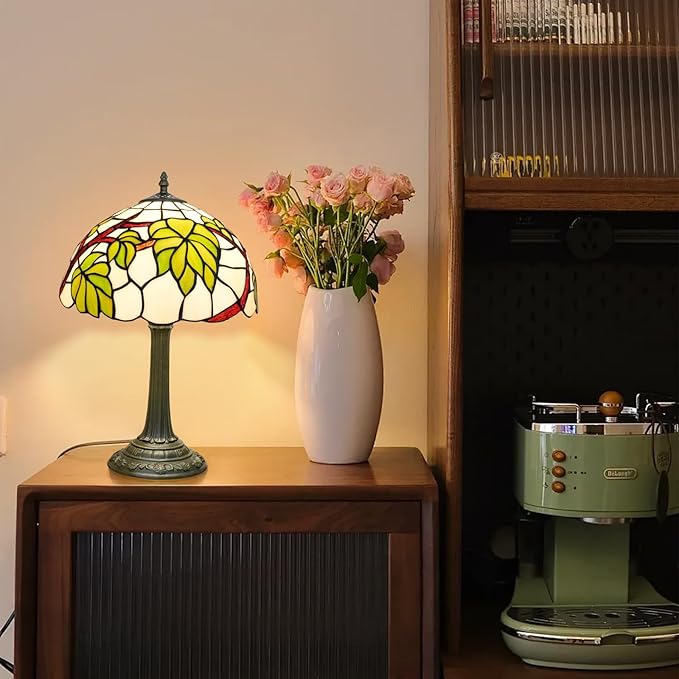 Tiffany Lamp Stained Glass Table Lamp 12 Inch Green Grape Leaf Tiffany Style Vintage Nouveau Lamp For Bedroom Living Room Study Coffee Shop Hotel Nightstand Desk Retro Light Home Decor Art Piece Gift