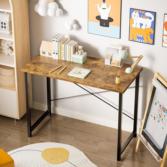 Sweetcrispy Computer Small Office Desk 32 Inch Student Kids Study Writing Work with Metal Frame Wood Tabletop Modern Simple PC Home Bedroom Table, Rustic Brown