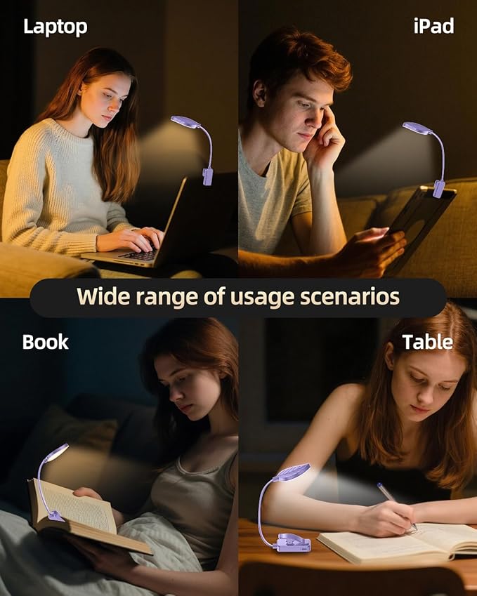 Rechargeable Book Lights for Reading at Night - Eye,3 Color Temperatures,3 Brightness Levels,Flexible Goose Neck Clip on Light,Reading Lights for Books in Bed with Power Indicator Bookworms (Purple)