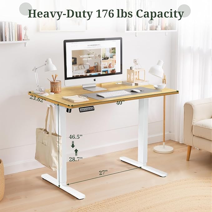 40 x 24 in Electric Standing Desk - Memory Height Adjustable Ergonomic Sit-to-Stand Rising Computer Table Gaming Workstations with 2 Hooks and Wire Hole for Home Office, Natural
