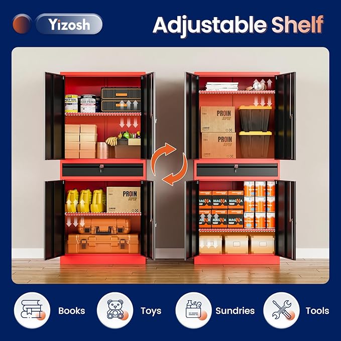 Yizosh Metal Garage Storage Cabinet with Locking Doors and Adjustable Shelves,- 71" Tool Storage Cabinet with 1 Drawer for Garage,Office,Warehouse