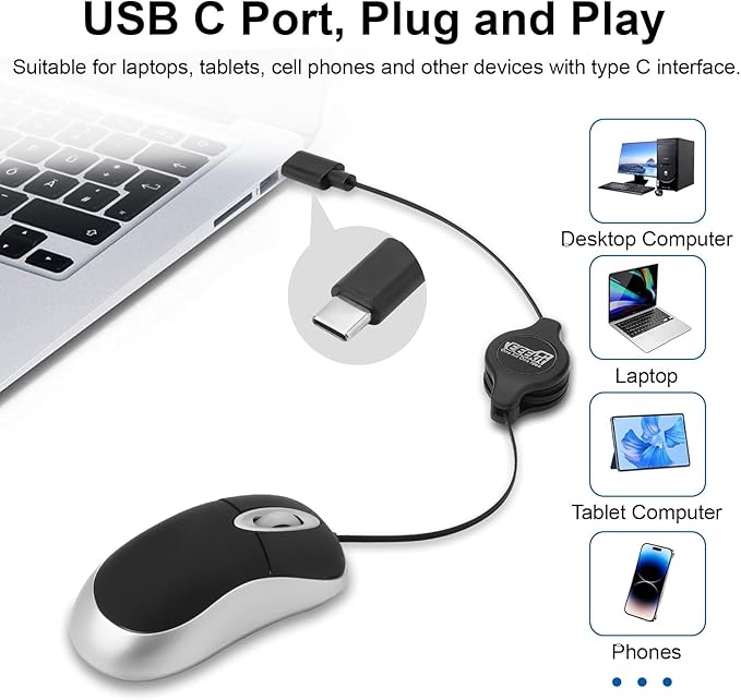 EEEKit Mini Wired USB C Mouse, 3-Button Retractable Corded Mouse Optical Computer Mice for Laptop PC MacBook iPad Smartphones, Black