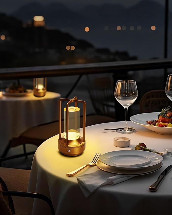 Set of 2 Cordless Table Lamps, LED Rechargeable Battery Operated Desk Lamps with 3 Color Stepless Dimmable, Small Light Portable for Outdoor Patio Bar Restaurants Bedroom Bedside (Gold)