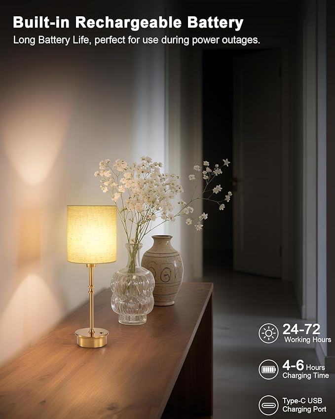 UMEXUS 16" Rechargeable Cordless Table Lamp Set of 2, Dimmable, Touch Control, Linen Shade, Small Battery Powered Lights, Gold Ambient Lighting for Living Room Bedroom Nightstand
