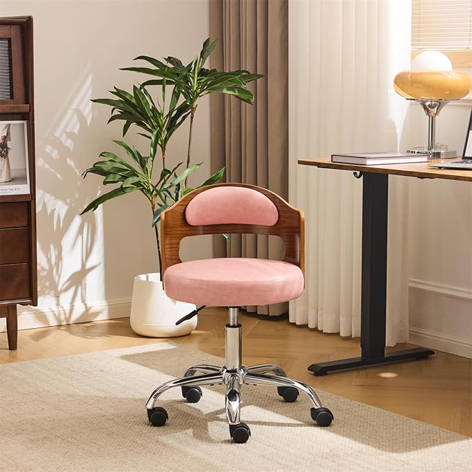 VINGLI Armless Home Office Desk Chair, Adjustable Swivel Chair,Dual-Use with/no Wheels,Small Retro Designed Walnut Curved Task Chair,Cushioned Nail Tech Chair for Study Area,Workspace,PU,Pink