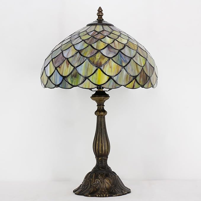 Tiffany Lamp Touch Control Table Lamp Yellow Green Stained Glass Desk Lamp 12X12X19 Inches Fish Scales Style Reading Light