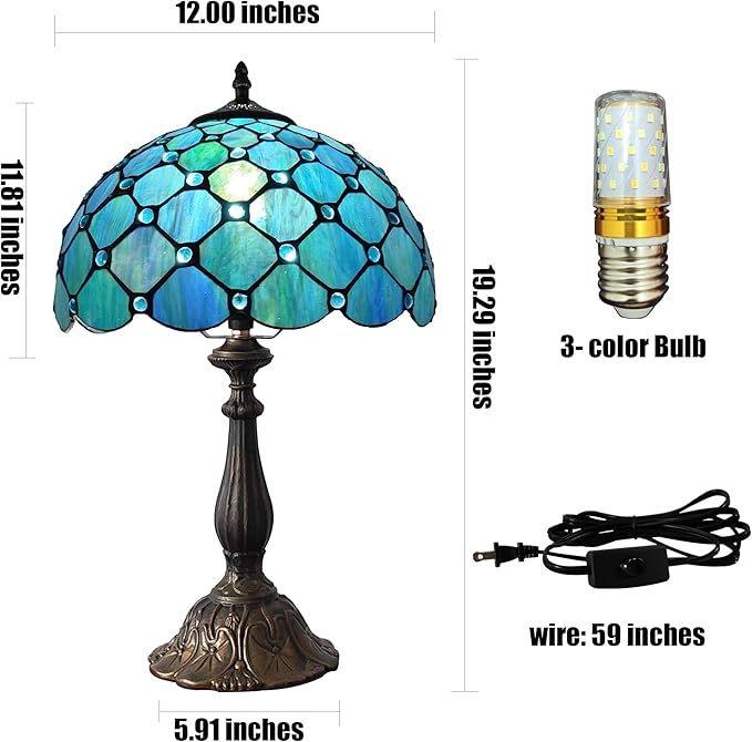 Tiffany Table Lamp Stained Glass Antique Bedside Nightstand Lamp Blue Pearl Style Small Antique Desk Light for Bedroom Living Room Home Office,3-Color LED Bulb Include