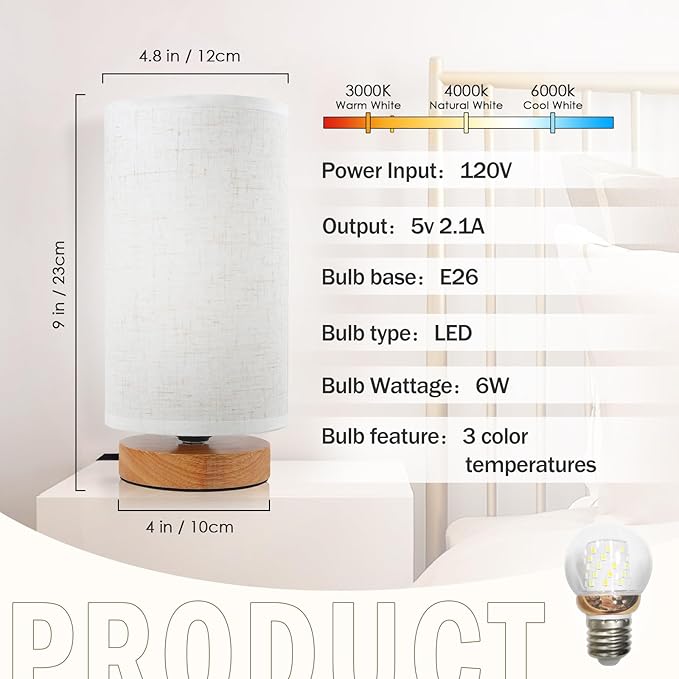 Minimalist Dimmable Nightstand Lamp with Round Fabric Linen Shade, 3 Color Temperatures, Desk & Bedside Lamp for Study, Living Room, Bedroom, Office, Dorm