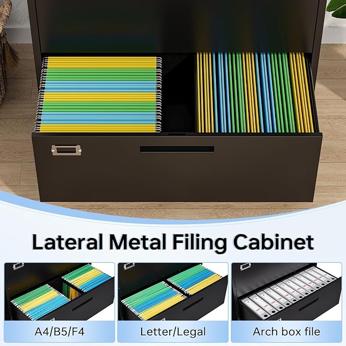 Lateral Filing Cabinet,4 Drawer File Cabinet with Lock,Office Lateral File Cabinets for Legal/Letter A4 Size,Require Assembly, Black