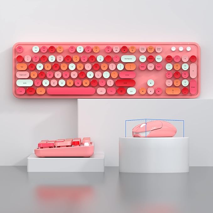 Wireless Keyboard and Mouse Combo - GEEZER Peach Pink Full-Sized Colorful Keyboard 104 Keys - USB 2.4 G Receiver Plug and Play with Round Keycap Typewriter Keyboards, for Windows, PC, Laptop, Desktop
