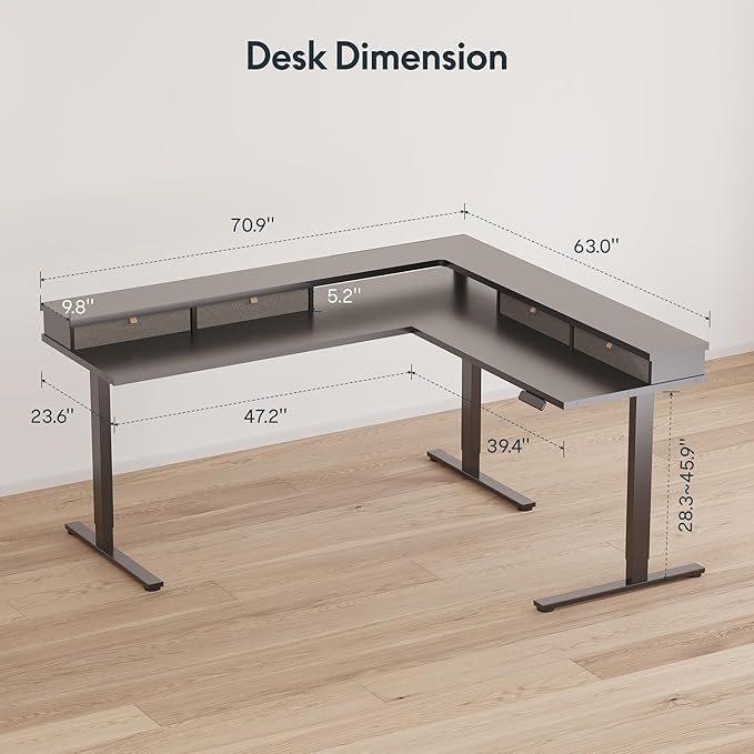 SANODESK 71" L Shaped Standing Desk with 4 Drawers, Height Adjustable Stand up Desk, Corner Gaming Desk with Monitor Stand, Black Frame/Black Top